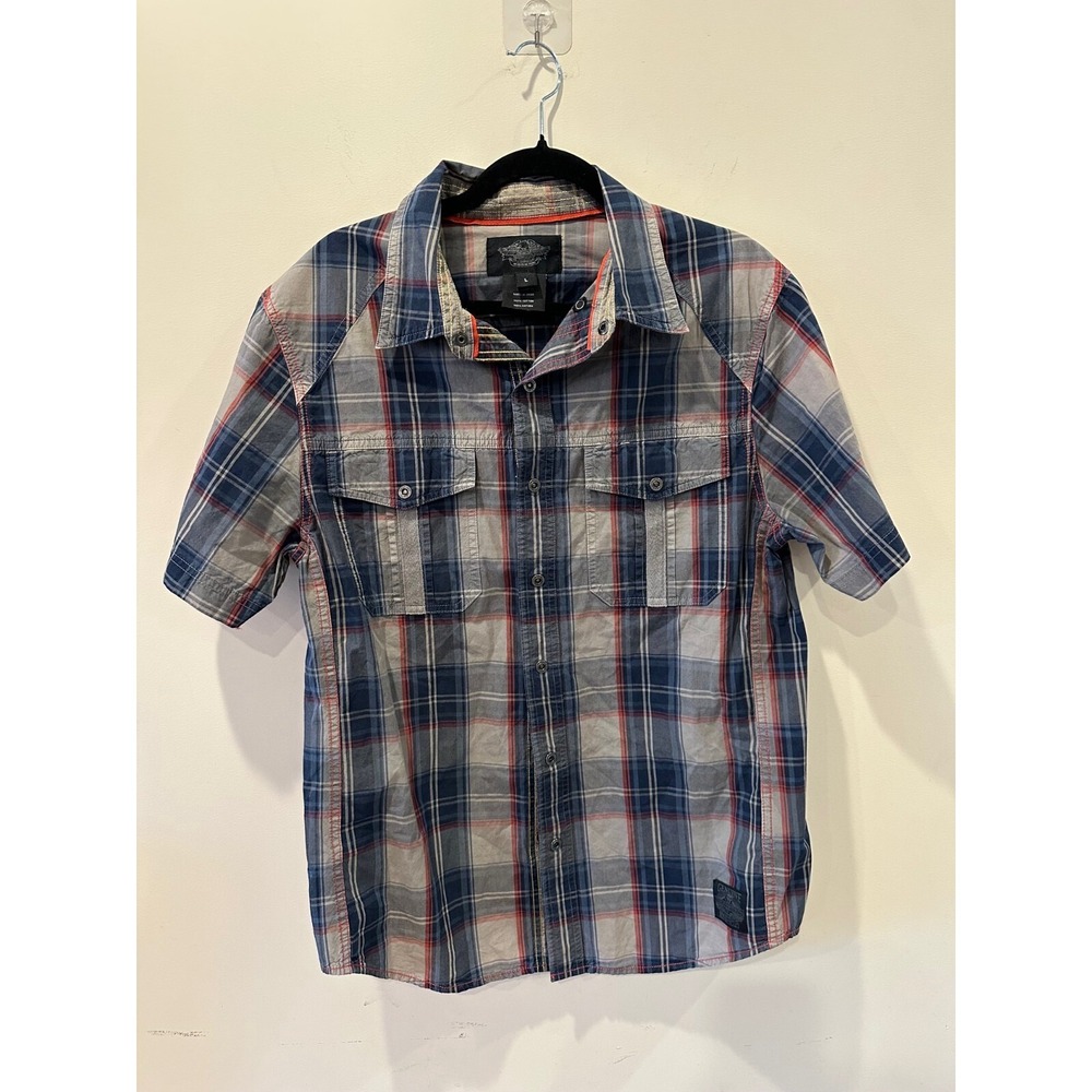 Harley Davidson Snap-Up Plaid Short Sleeve Biker Shirt Sz L Motorcycles Cotton‎